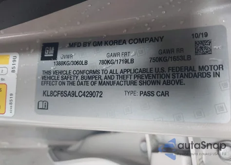 2020 Chevrolet Spark Fwd 2Lt Automatic z USA, uszkodzony, nr VIN KL8CF6SA9LC429072